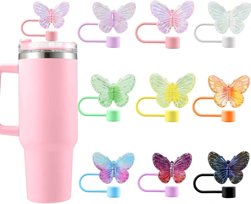 SEMATA 9PCS Cute Butterfly Straw Cover Cap for Stanley Cup Accessories,Bling Straw Toppers for Stanley Tumbler 40&30 oz,Reusable Straws Tips Protectors Compatible with 10mm Straws Topper - Image 1